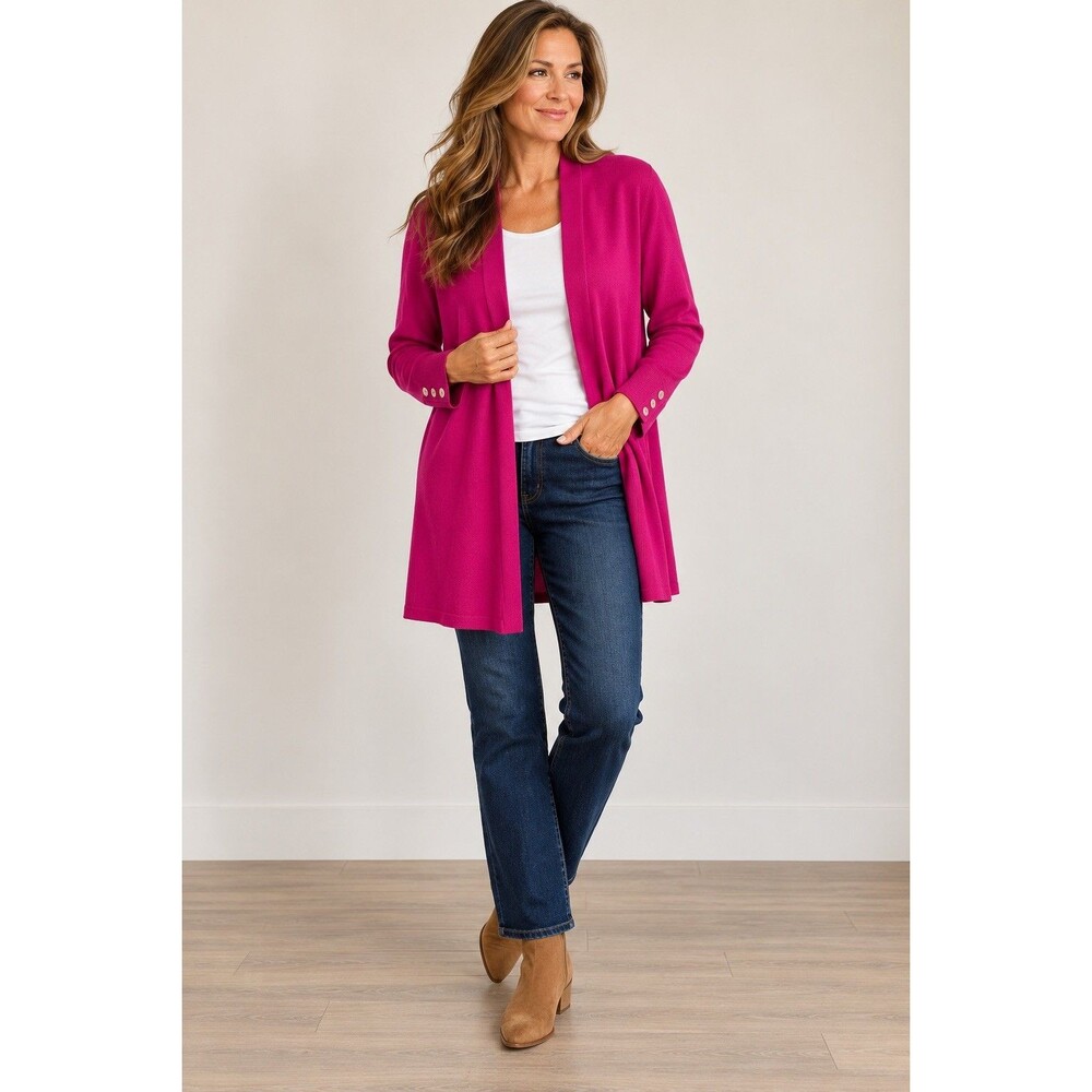 Chicos Womens L Cardigan Fuchsia Pink Open Front Longline Button Cuff Knit